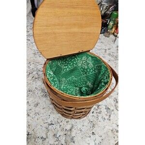Vintage Picnic Basket with Green Patterned Lining Woven Wicker Unmarked W/Lid